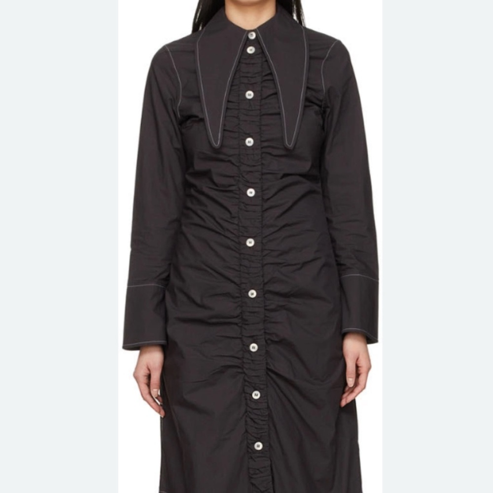 Ganni Black Long-Sleeve Ruched Button-Front Dress